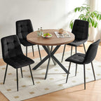 Homedot 37-Inch Round Kitchen Dining Room Table Set for 4, Modern Mid-Century Brown Dining Table with Black Velvet Chairs Set, Small Dining Set for Restaurant/Dining Hall