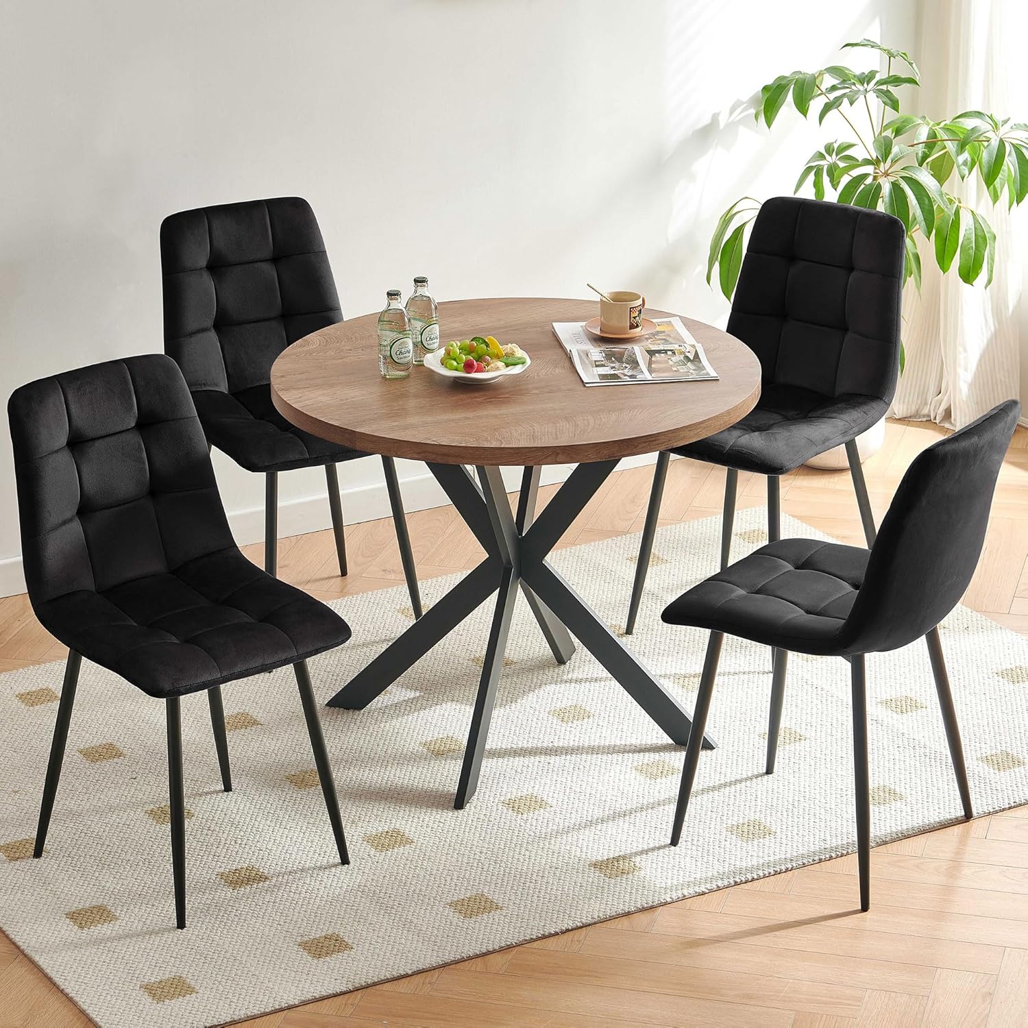 Homedot 37-Inch Round Kitchen Dining Room Table Set for 4, Modern Mid-Century Brown Dining Table with Black Velvet Chairs Set, Small Dining Set for Restaurant/Dining Hall