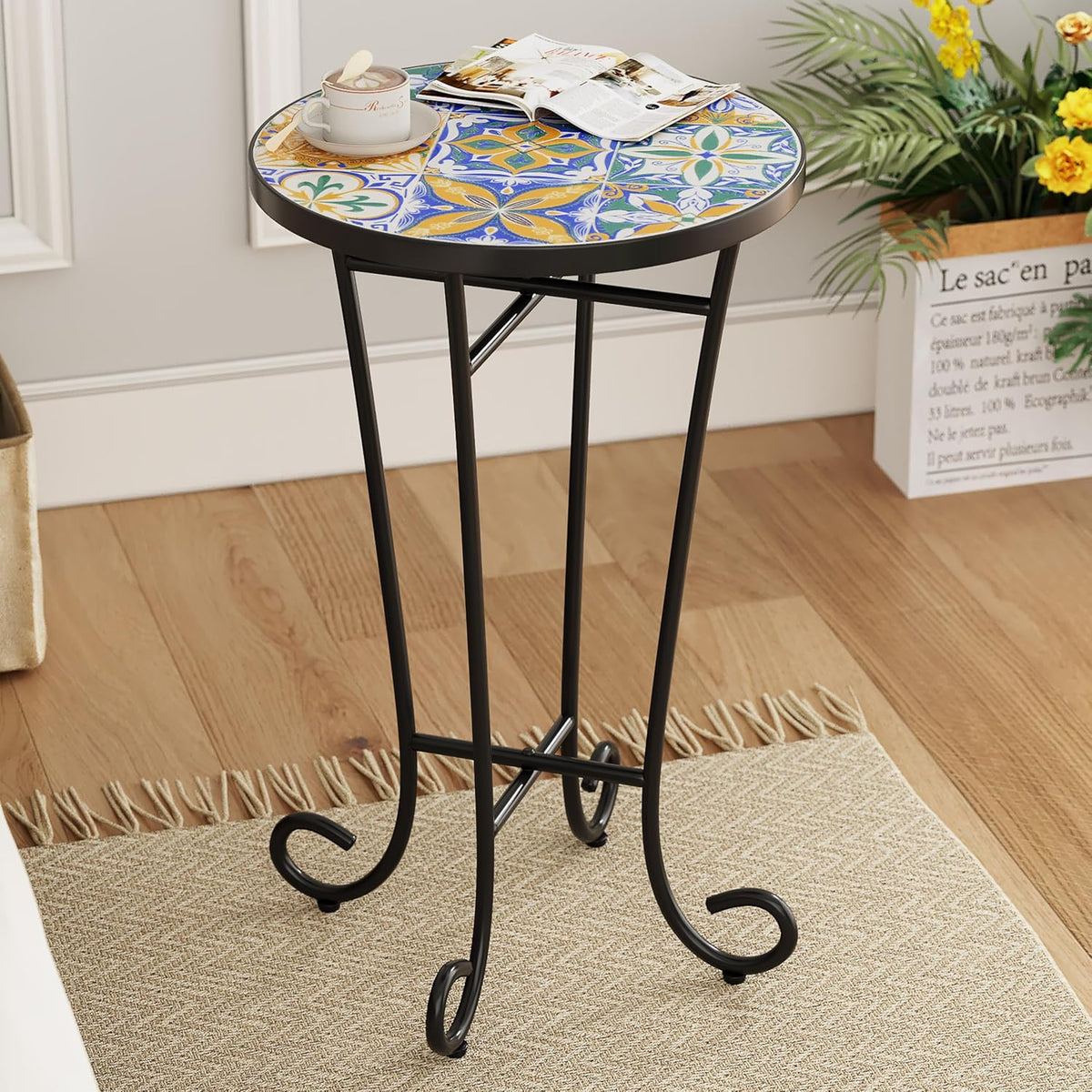 Outdoor Round Side Table,Ceramic Top Patio End Table with Metal Frame,Modern Small Accent Table Coffee Tea Table for Patio Garden Balcony Porch Indoor 14" Classic Revival
