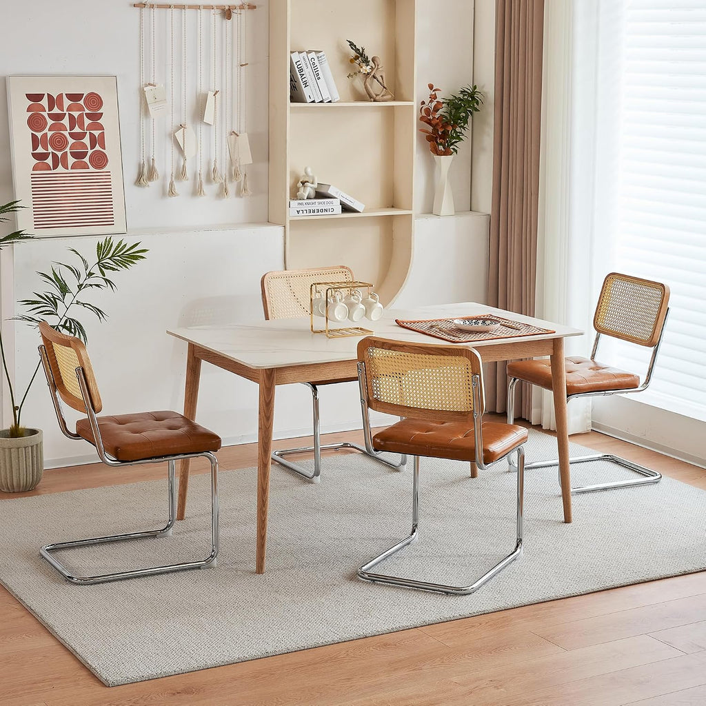 Cantilever Dining Chair, Single Modern Armless Chair with Chrome Steel Frame, PU Leather Seat and Rattan Backrest, 17.7" Seat Height Kitchen & Dining Room Chair (Brown, Set of 2)