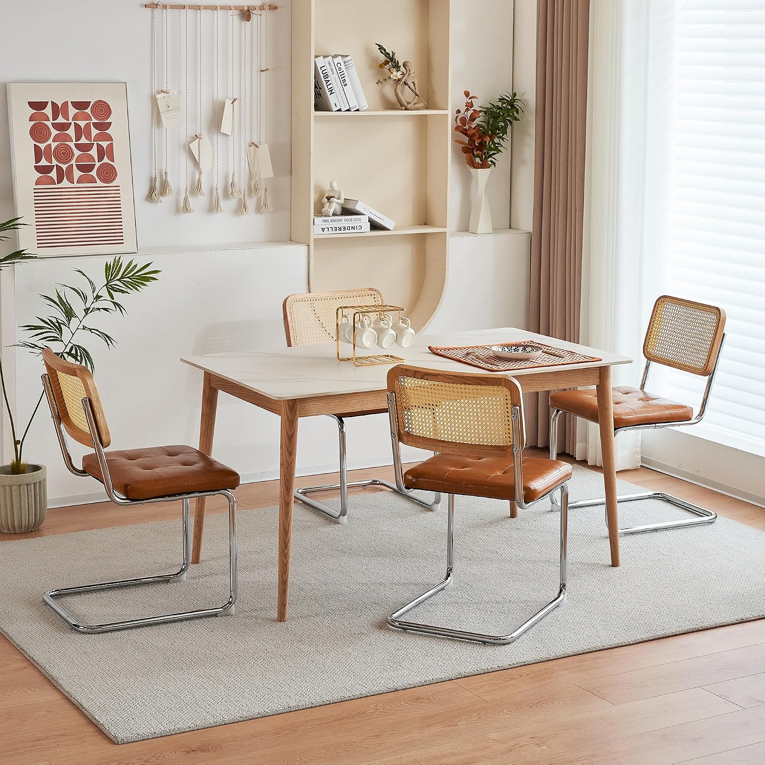 Cantilever Dining Chair, Single Modern Armless Chair with Chrome Steel Frame, PU Leather Seat and Rattan Backrest, 17.7" Seat Height Kitchen & Dining Room Chair (Brown, Set of 2)