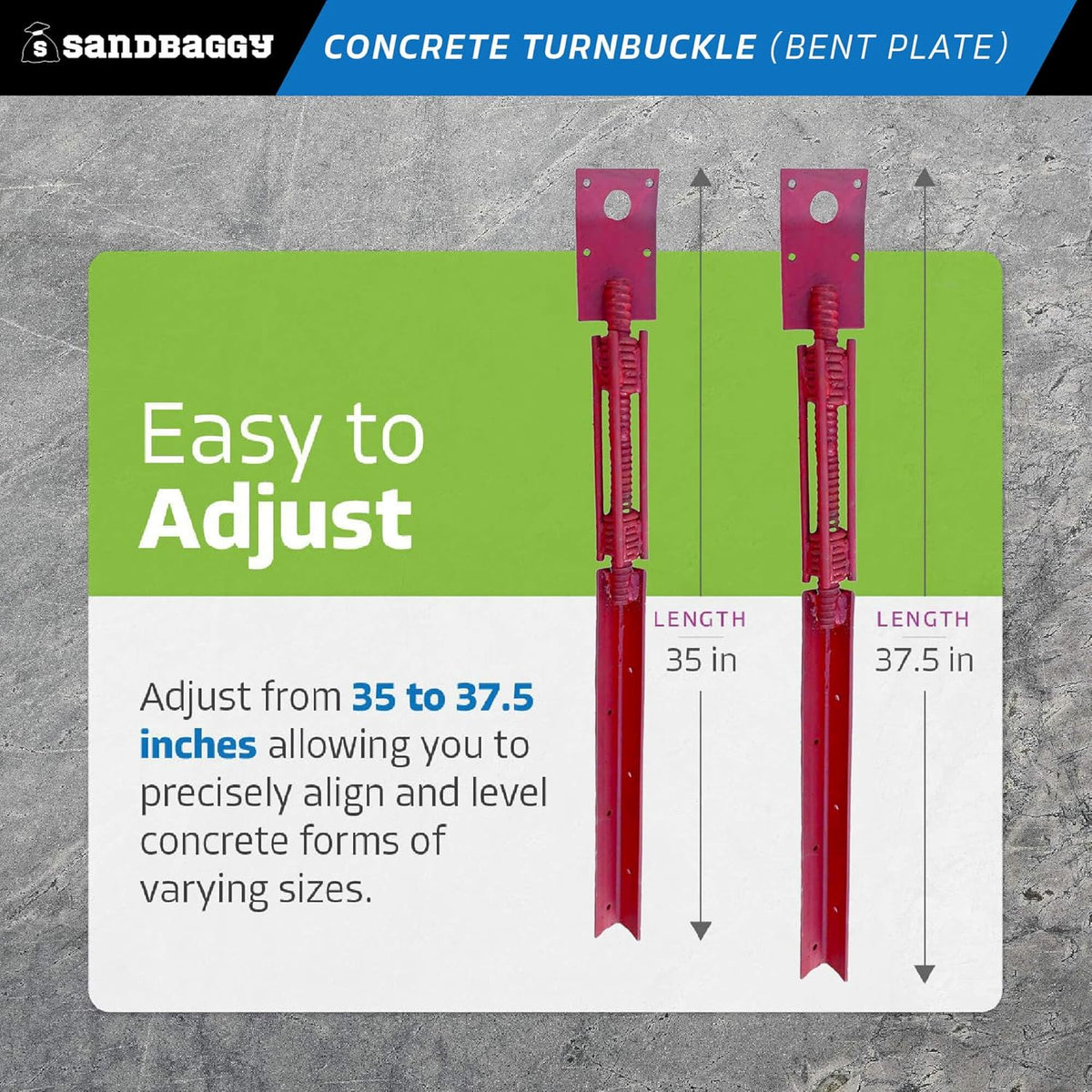 Sandbaggy Concrete Turnbuckle Form Aligner with 5" x 3" Bent Plate (35" - 37.5" Length) - Rust Resistant Steel - Adjustable Wall Brace - Aligns & Plumbs Form Walls, Columns, or Beams (35 inches, 100)