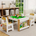 GDFStudio Kids 2-in-1 Activity Table & 2 Chairs Set LEGO-Compatible Play Table with Whiteboard Top, Storage Compartments & Canvas Drawer Chairs, Wooden Learning Desk Furniture for Playroom, White