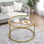 Glass Coffee Table,Round Gold Coffee Table for Small Space,27" Modern Center Table,Glass Top Clear Coffee Table with Sturdy Metal Frame for for Living Room Home Office, Easy Assembly