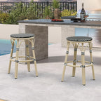 PURPLE LEAF Bar Stools 29" Round French Set of 2 Backless, Black | White Finish, Fade-Resistant Rattan Weave, Weather-Resistant Aluminum, Rustproof, Stackable Design, Wipe-Clean, No Assembly