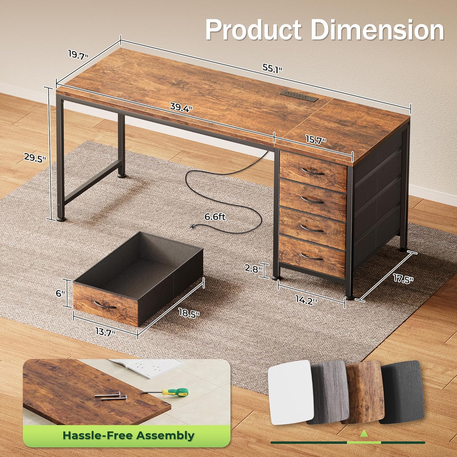 PRAISUN 55.1 Inch Computer Office Desk with Power Outelts and USB-C Port, Reversible Gaming Desk with 4 Fabric Drawers, Work Study Desk Work from Home, Rustic Brown