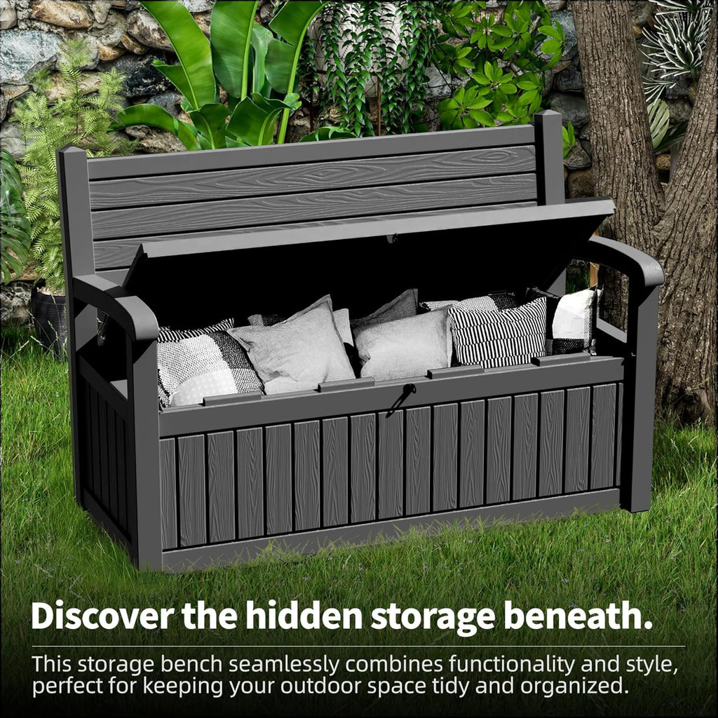 PatioZen 80 Gallon Outdoor Storage Bench Deck Box Waterproof Lockable,Outdoor Storage Furniture for Patio,Garden and Porch,Tools and Cushions（ Black Stripe）