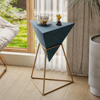 COZAYH Modern Geometric End Table with Wooden Top and Golden Metal Base, Unique Pyramid Side Table Plant Stand for Office, Living Room, Bedroom, Fully Assembled, Triangle, Blue
