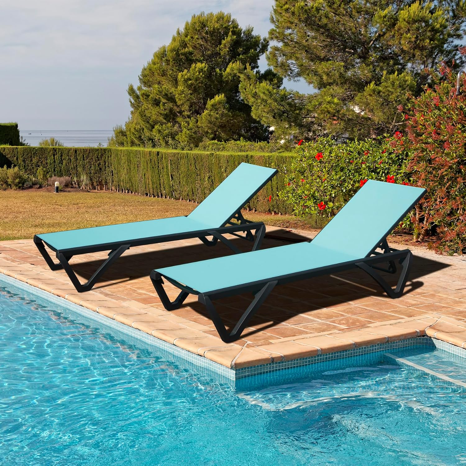 Domi Aluminum Pool Lounge Chair Outdoor Set of 2 Chaise Lounge Outdoor | Wheels, Adjustable, Textilene, Turquoise Blue, All Weather, Poolside, Backyard, Patio, Deck, Outside