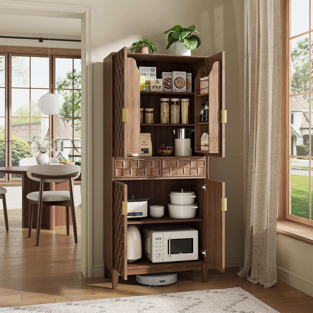 Pantry Cabinet, 71" Tall Pantry Cabinet,Modern Kitchen Cabinet with Doors, Drawers & Adjustable Shelves, Freestanding Food Pantry Cupboard with Side Rack for Kitchen Dining Room,Walnut