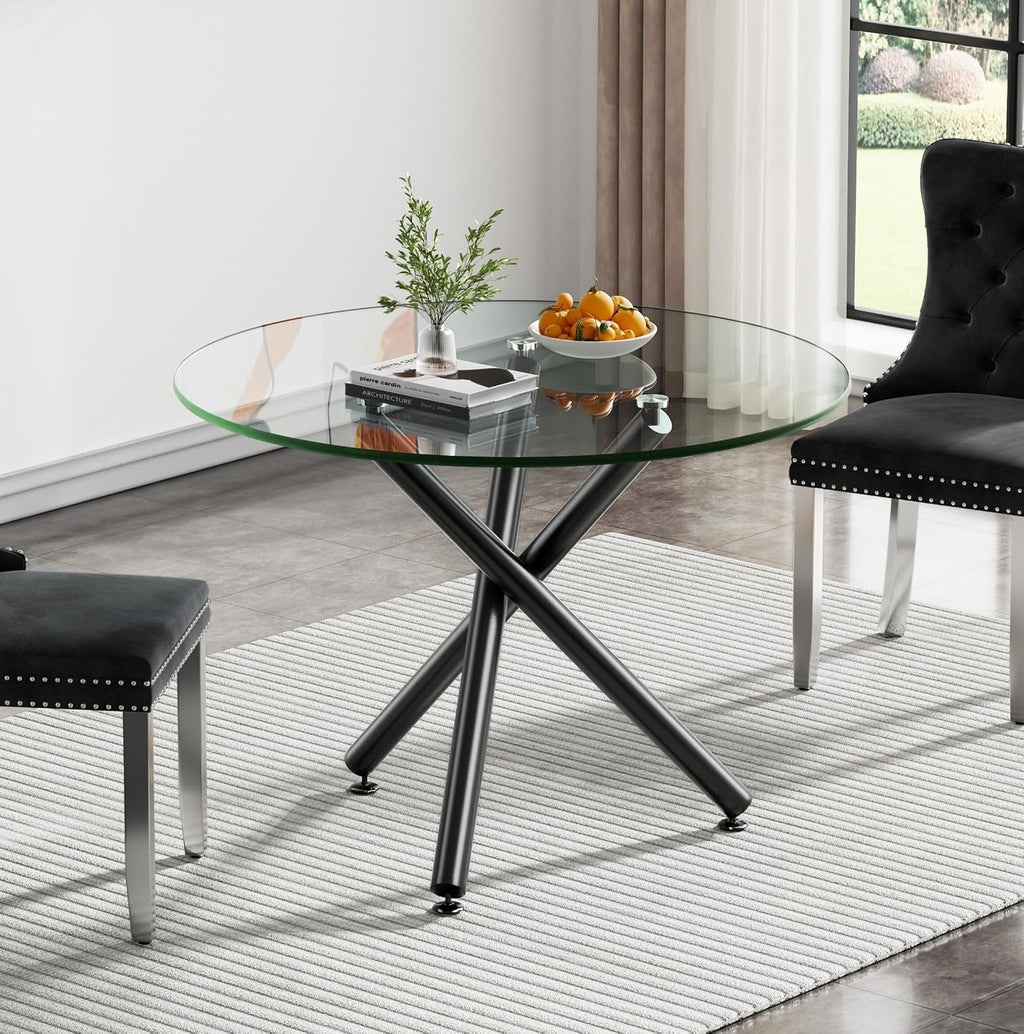 40'' Round Glass Dining Table,Modern Kitchen Table for 2-6 People,Dining Room Table with Tempered Glass Top and Metal Legs,Leisure Tea Coffee Table for Living Room,Dining Room (Black-4)