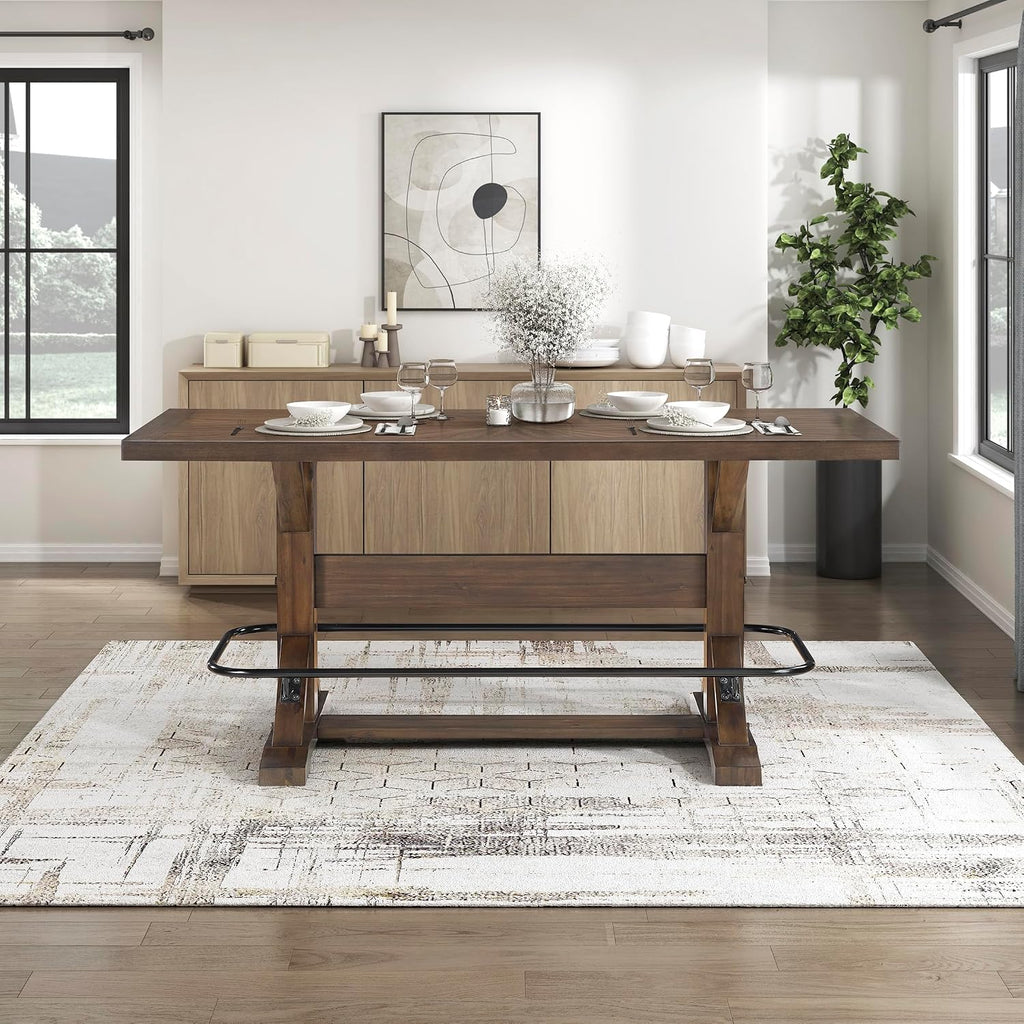 Lexicon 78 Inch Rectangular Counter Height Dining Table for 6, Rustic Farmhouse Kitchen Table, Rubberwood, Acacia Veneer, Black Metal Footrest, for Dining Room/Kitchen, Brown