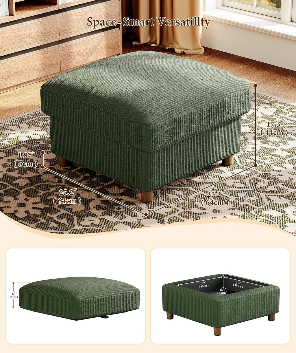Kidirect Corduroy Ottoman with Storage, 25" Oversize Ottomans, Tool-Free Setup Storage Bench for Bedroom, Solid Wood Foot Rest, Comfy Foot Stool, Square Ottoman Coffee Table for Living Room, Green
