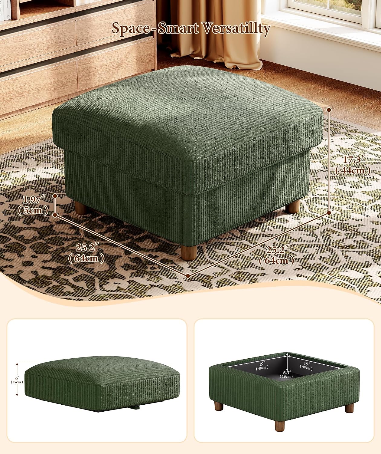 Kidirect Corduroy Ottoman with Storage, 25" Oversize Ottomans, Tool-Free Setup Storage Bench for Bedroom, Solid Wood Foot Rest, Comfy Foot Stool, Square Ottoman Coffee Table for Living Room, Green
