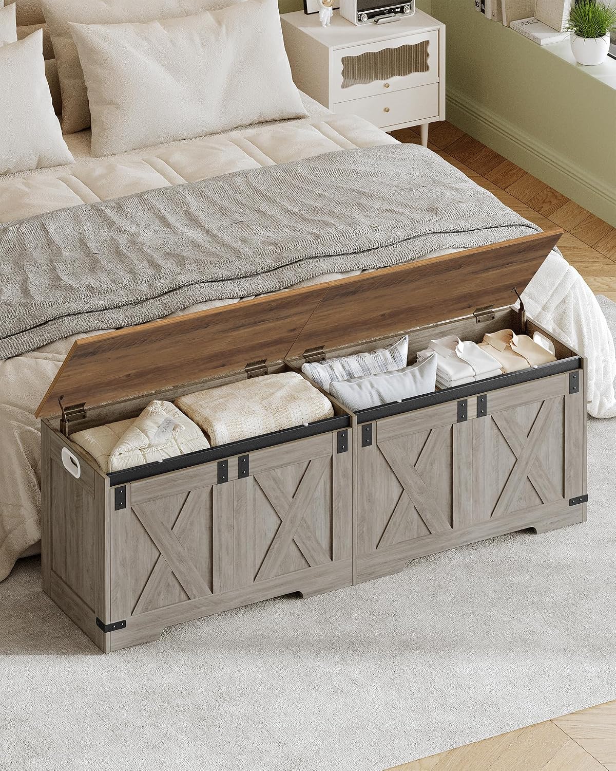 Hzuaneri 59" Farmhouse Storage Chest and Bench | 70 Gal | 330lb Seat | Soft-Close Hinges | Greige Wooden | Shoe and Blanket Storage for Bedroom, Living Room, Entryway | Easy Assembly | SB15005X