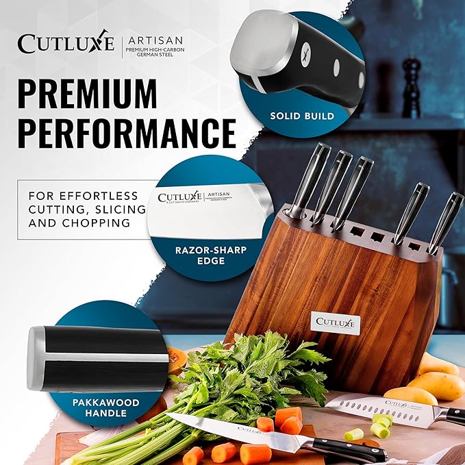 Cutluxe Kitchen Knife Set – 8 Pcs Professional Chef Knife Set with Block – Razor Sharp Knives with Full Tang Design, High Carbon German Steel, Natural Acacia Wood Block – Artisan Series