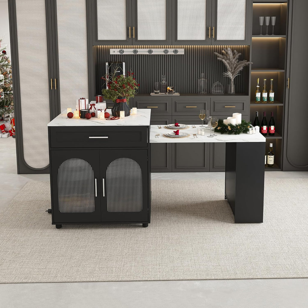 80-inch Expandable Kitchen Island with Dining Table, Marble-Grain Countertop with Power Outlet, Mobile Storage Cart with Cabinet & 2 Drawers, Kitchen Prep Table(Black, 80.7)
