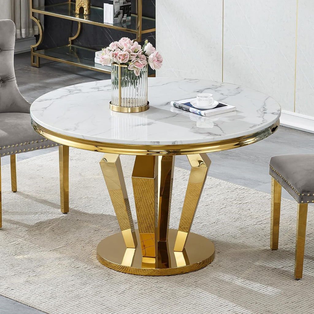 Henf Luxury Round Dining Table for 4-6 White Gold 45" Faux Marble Kitchen Table with Mirrored Stainless Steel Legs, Contemporary Modern Circle Dining Room Table (Table Only)