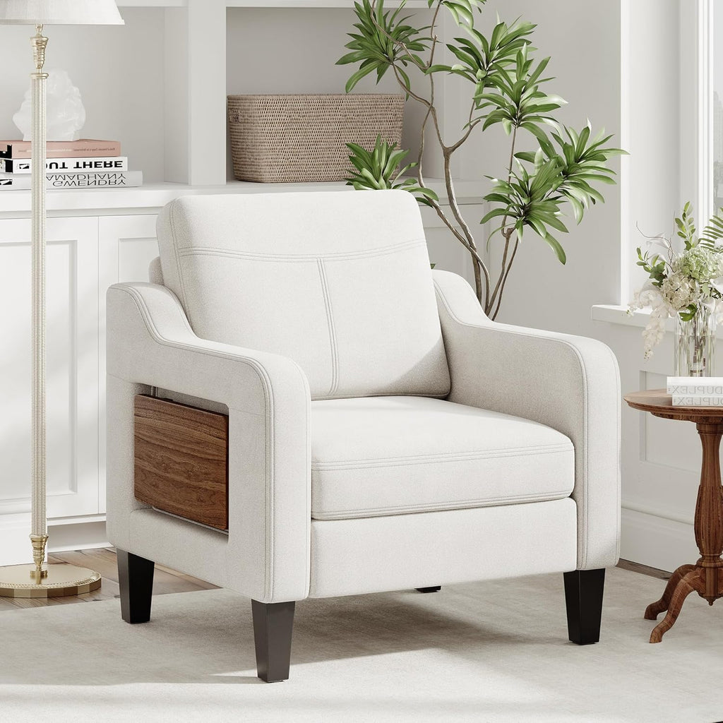 Upholstered Accent Chair with Foldable Side Table for Living Room | 2 Side Pockets, Modern Linen Armchair Wooden Fabric Chairs for Living Room, Comfy Reading for Bedroom/Office
