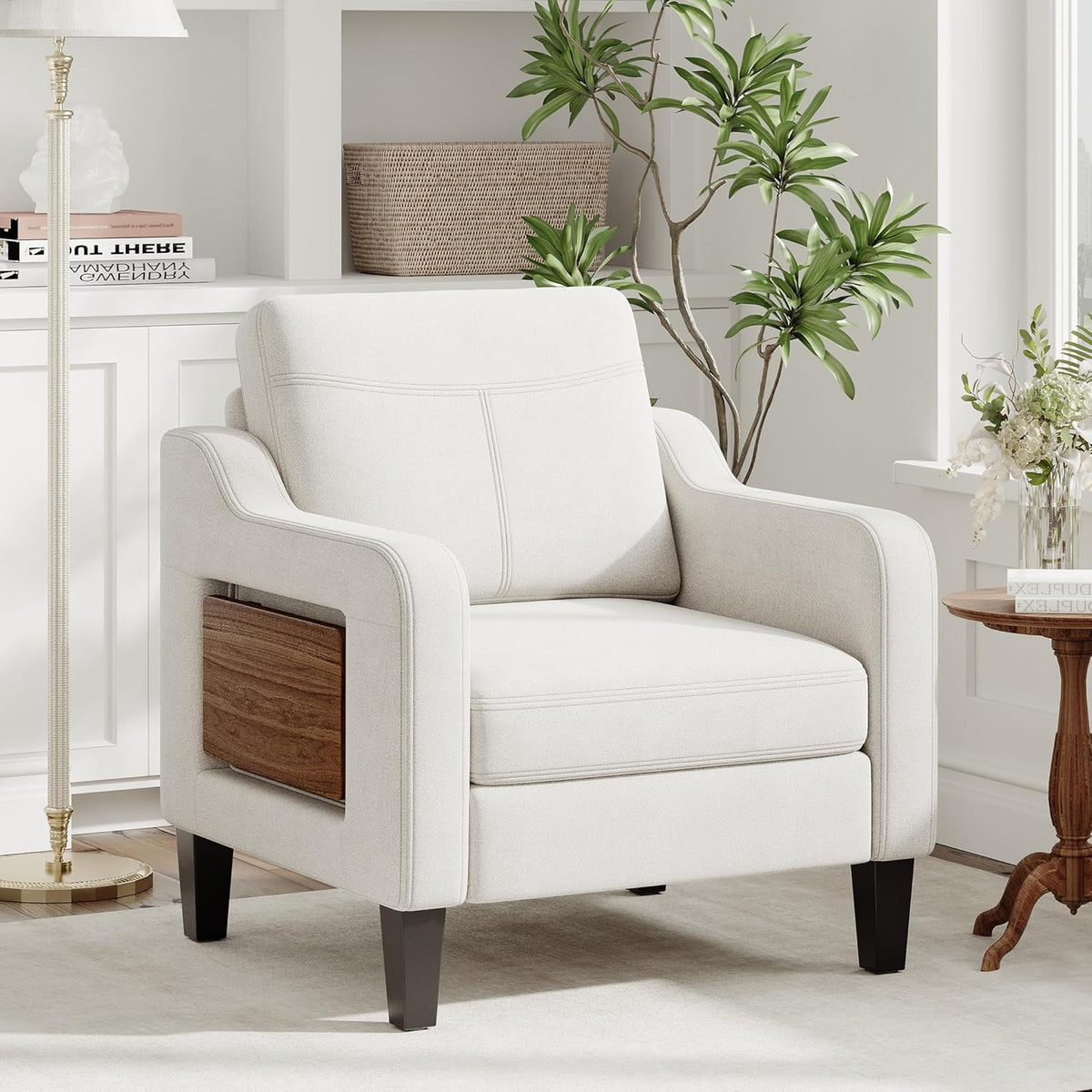 Upholstered Accent Chair with Foldable Side Table for Living Room | 2 Side Pockets, Modern Linen Armchair Wooden Fabric Chairs for Living Room, Comfy Reading for Bedroom/Office
