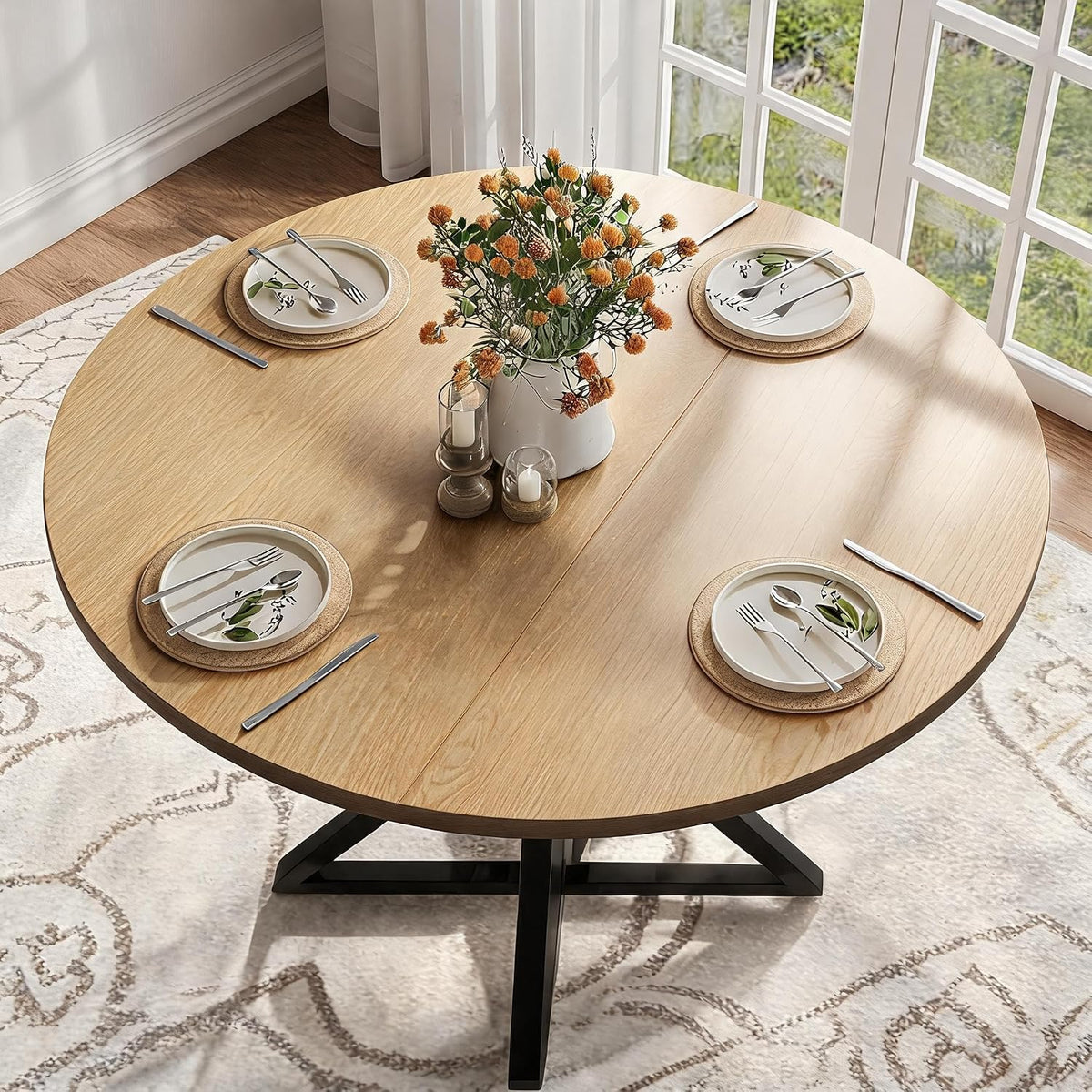 GarveeHome 47 Inch Round Dining Table for 4-6, Circle Kitchen Table with Pedestal Base, Farmhouse Wooden Dining Table for Small Spaces, Kitchen & Dining Room, Living Room-Oak/Only Table