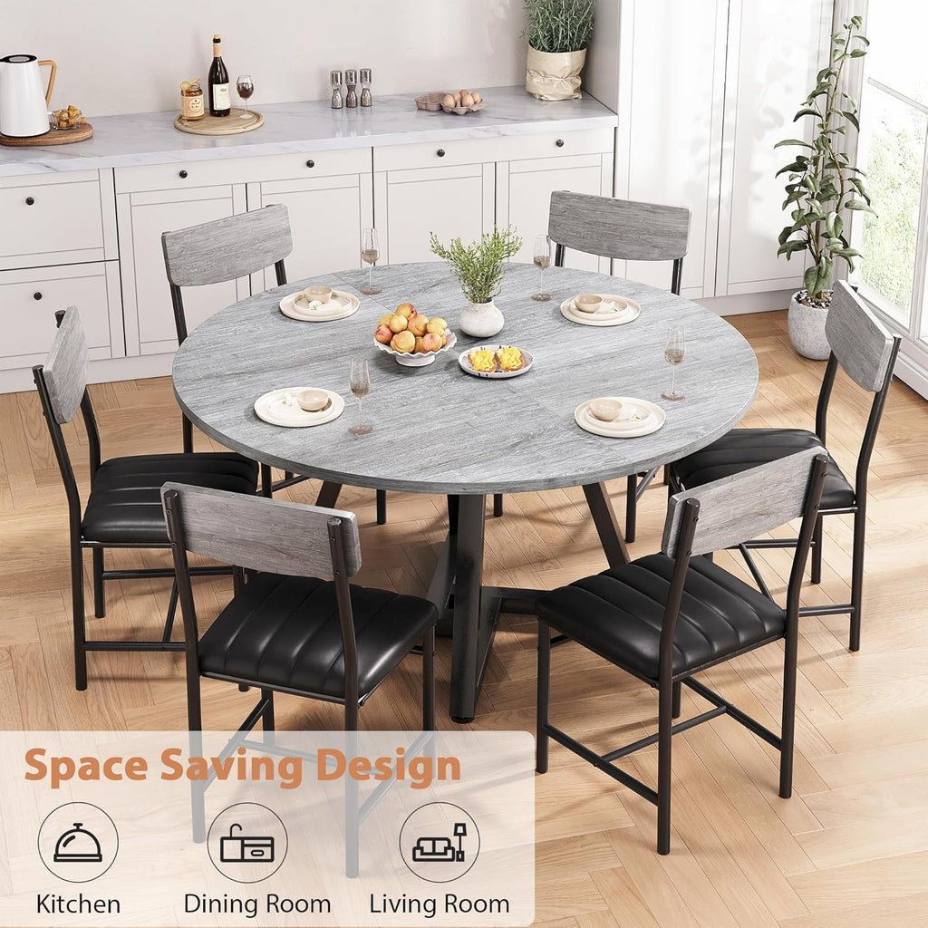 Round Dining Table Set for 6, Kitchen Table and Chairs for 6, Circle Table Round Pedestal Dining Room Dinner Dinette Table Set,7 Piece Space Saving Wood Kitchen & Dining Room Tables (Grey, 51In)
