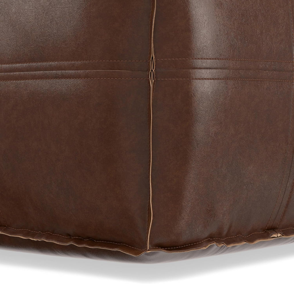 SIMPLIHOME Brody 18" Wide Square Pouf in Distressed Dark Brown Faux Leather | Boho footstool, coffee table and extra seating for living room or bedroom with assembled design, assembled; pouf ottoman.