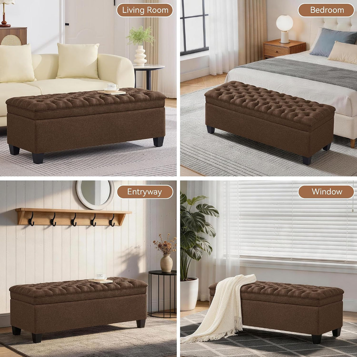 WUTUTUEE 50" Fabric Storage Ottoman Bench, Upholstered Rectangle End of Bed Storage Ottoman Tufted Living Room Bedroom Bench with Safety Hinge, Solid Wood Legs, Loads 500 lb(Brown)