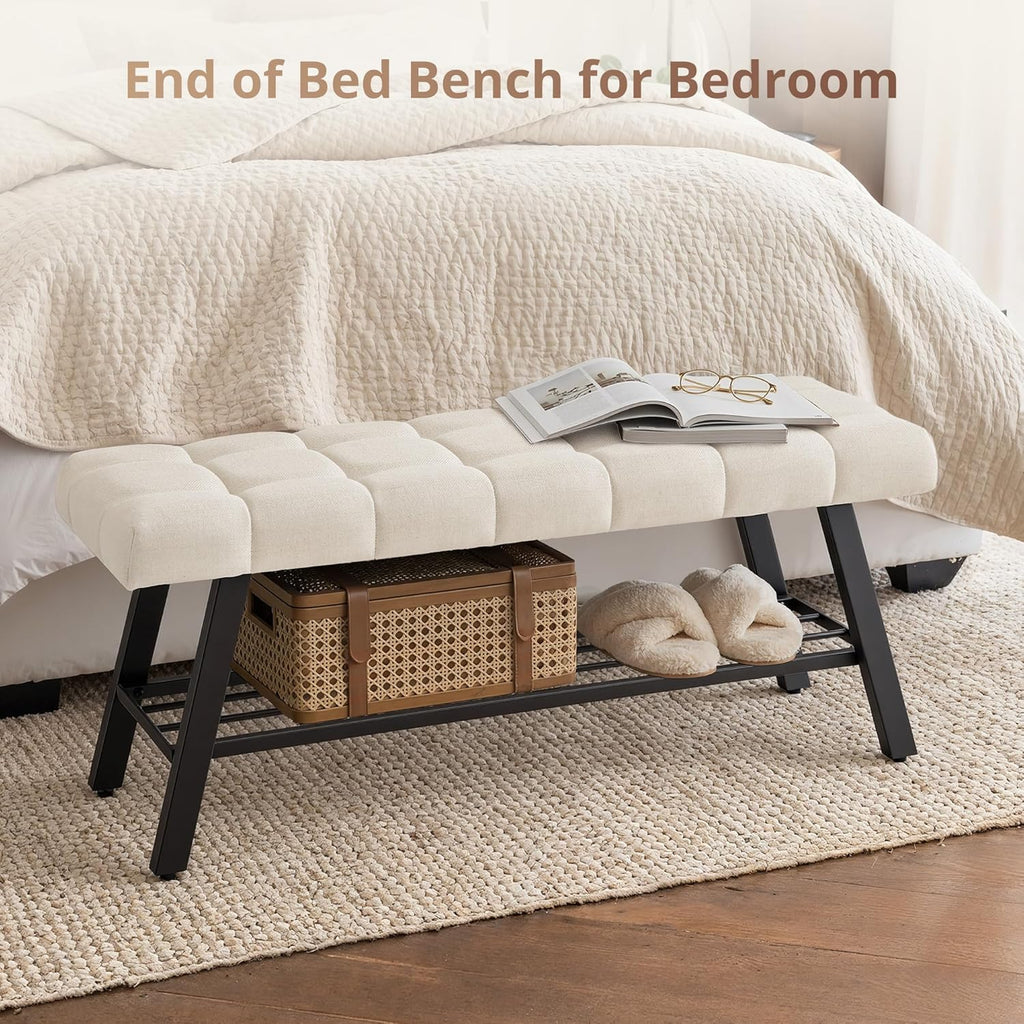 LUE BONA 45" Entryway Bench with Storage Shelf, End of Bed Bench with Tufted Linen Fabric Seat, Bedroom Bench with Metal Frame, 330 LBS Capacity for Entryway, Living Room, Hallway, Linen Color