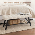 LUE BONA 45" Entryway Bench with Storage Shelf, End of Bed Bench with Tufted Linen Fabric Seat, Bedroom Bench with Metal Frame, 330 LBS Capacity for Entryway, Living Room, Hallway, Linen Color