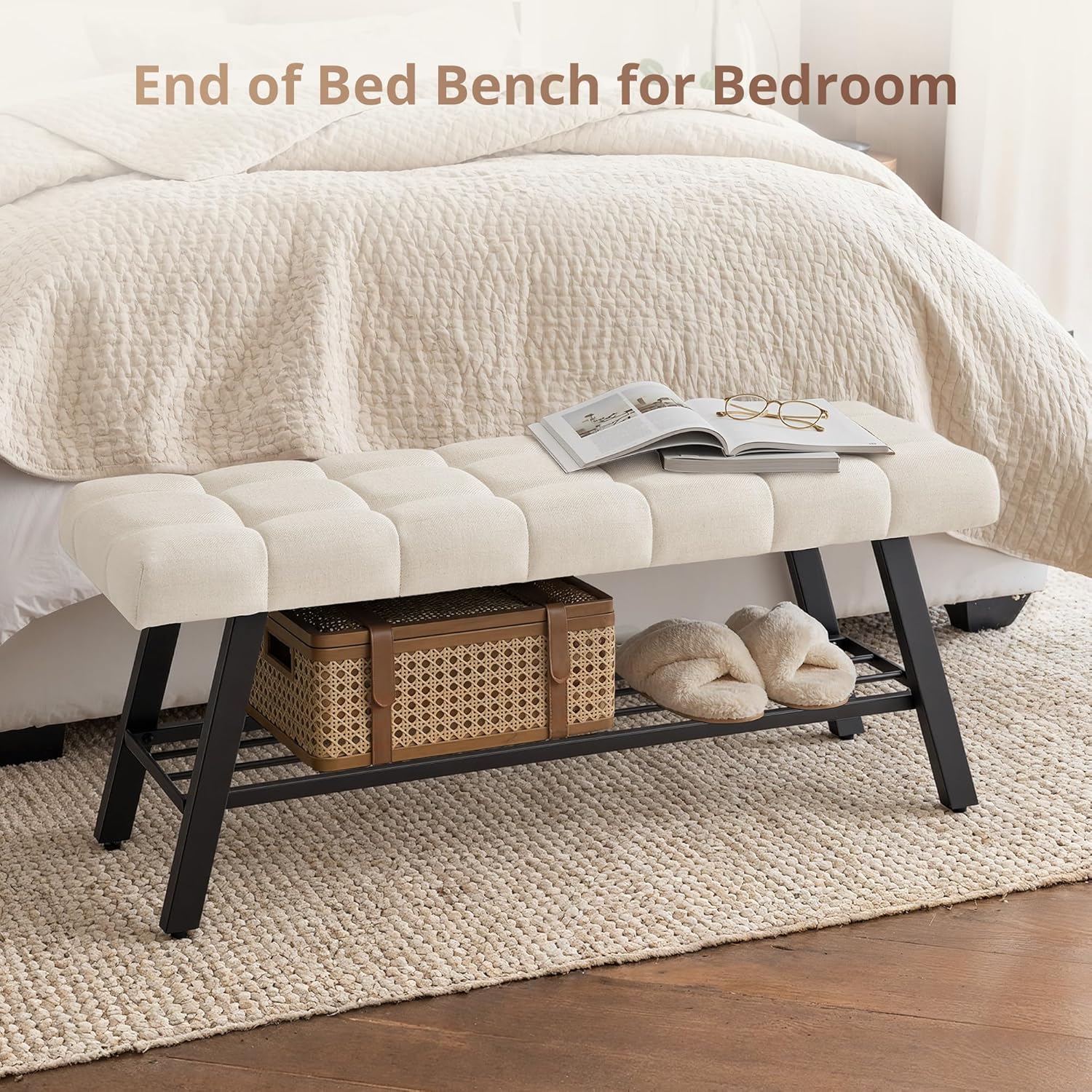 LUE BONA 45" Entryway Bench with Storage Shelf, End of Bed Bench with Tufted Linen Fabric Seat, Bedroom Bench with Metal Frame, 330 LBS Capacity for Entryway, Living Room, Hallway, Linen Color