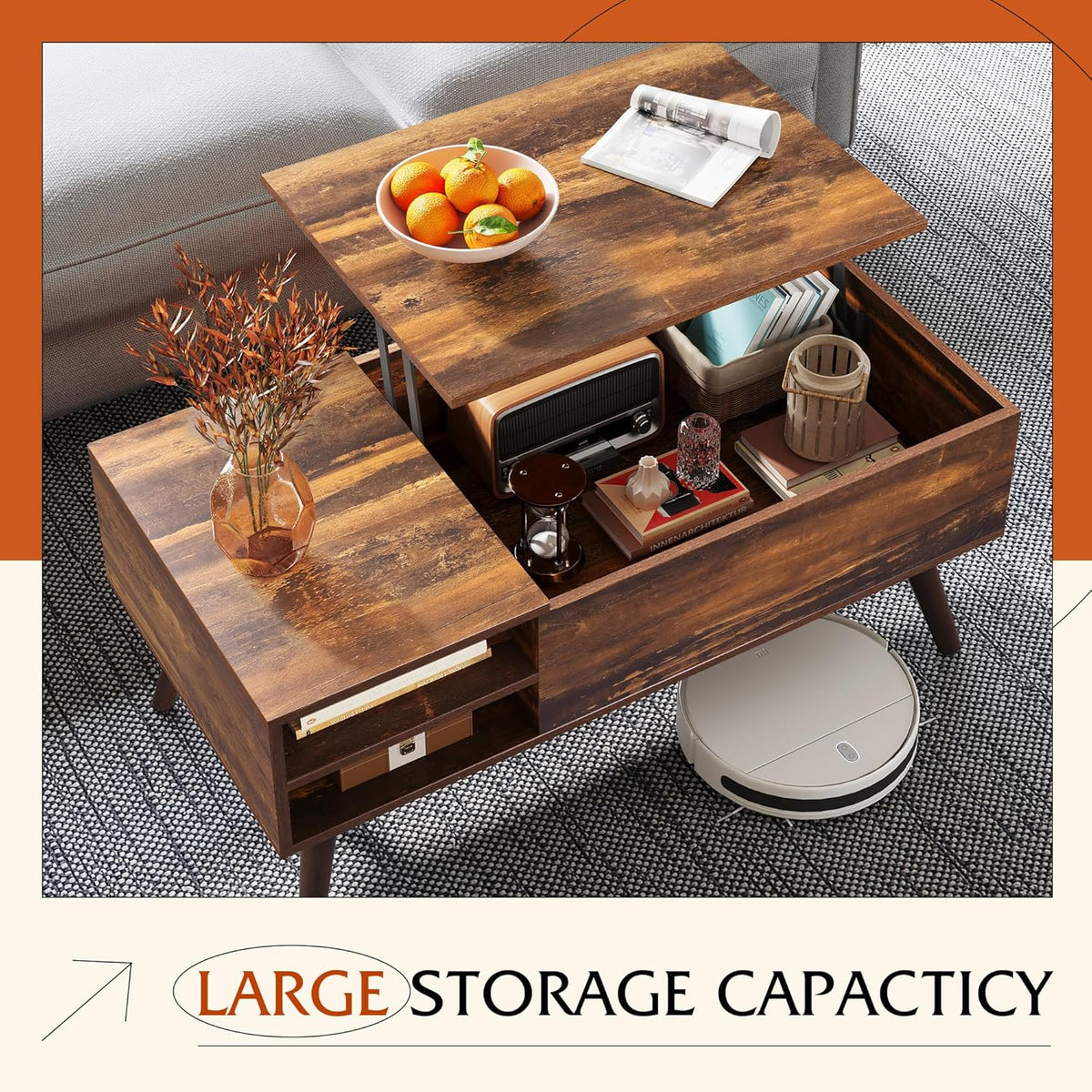 WLIVE Coffee Table with Lifting Top, Hidden Storage & Adjustable Shelf for Living Room Small Space, Multifunctional Rising Wooden Center Table, Mid Century Modern Tables for Home Dining Office, Brown