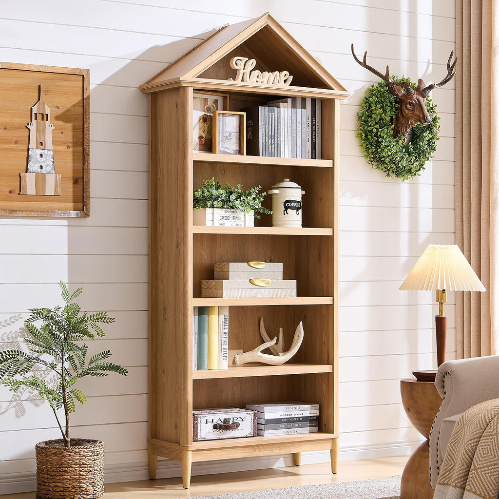 75.9" Tall Farmhouse Bookcase, Angle Arched 5 Tiers Large Bookshelf with Adjustable Shelves, Modern Wooden Geometric Book Shelf w/Storage and Open Display Shelves for Living Room, Office-Natural