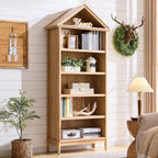 75.9" Tall Angled Arch Bookshelf, 5 Tiers Geometric Large Bookcase with Storage, Modern Triangular Top with Adjustable Shelves, Wood Cabinet w/Open Display Shelves for Living Room, Office Natural