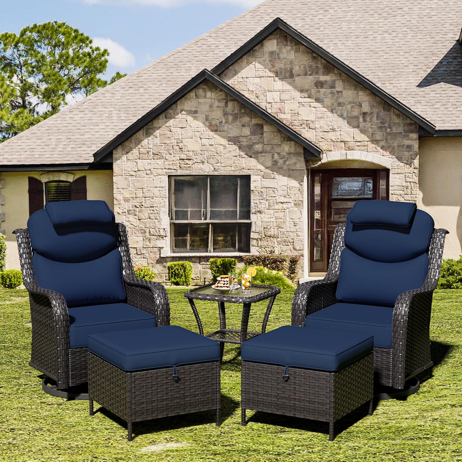 Patio Wicker Ottomans with Removable and Washable Covers, PE Rattan Outdoor Footstools for Porch, Sunroom (Blue)