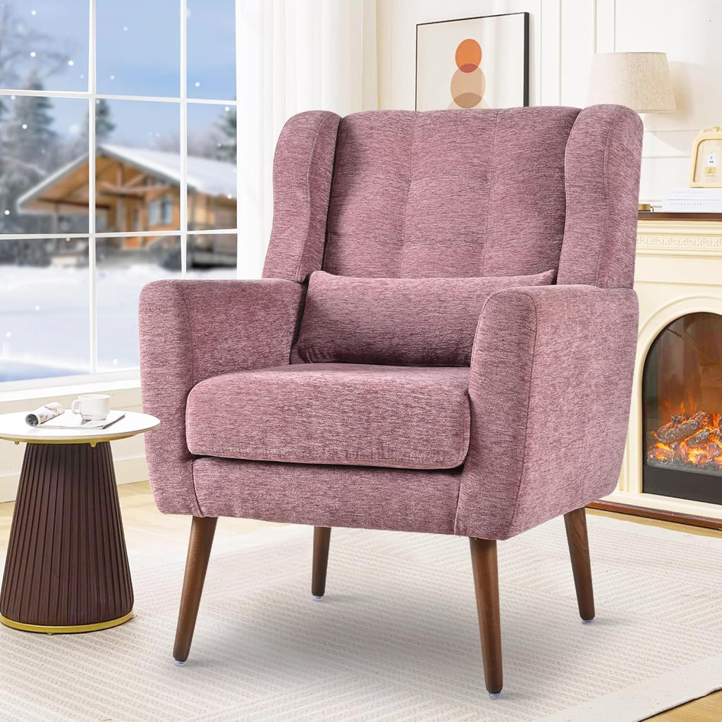 cinkehome Accent Arm Chairs for Living Room, Chenille Upholstered Mordern Armchair, Comfy Soft Padded Lounge Chair in Small Spaces, Bedroom, Pillow, Solid Wood Leg, Purple