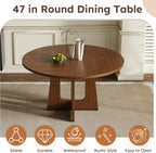 47" Round Dining Table Set for 6, Walnut Wood Grain Table and 6 Brown Suede Upholstered Chairs Set, Mid Century Modern Kitchen Table Set with Cross Legs