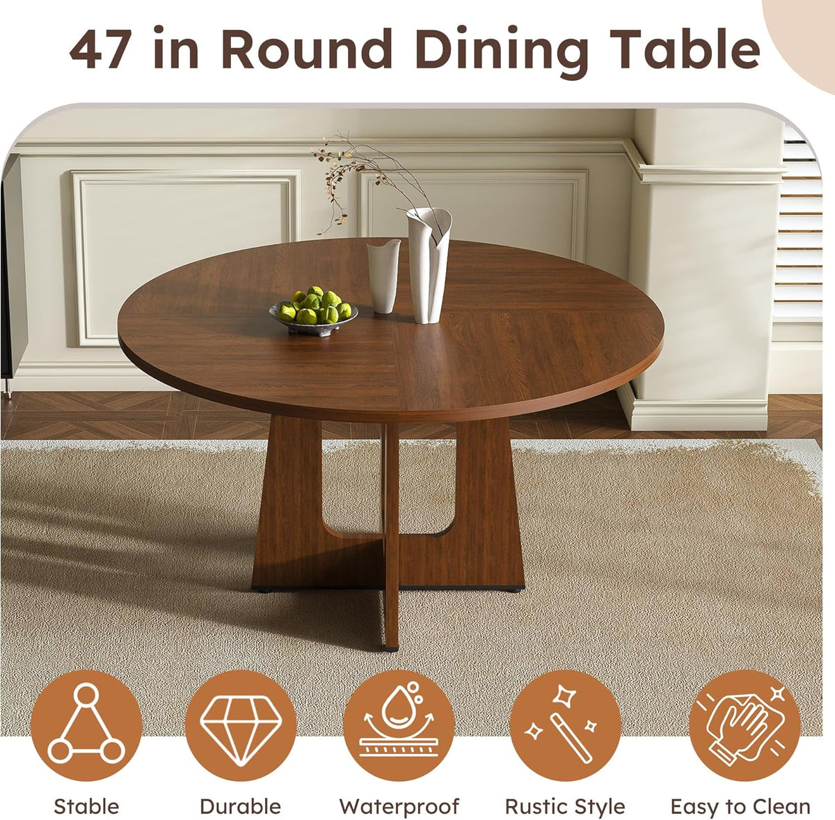 47" Round Dining Table Set for 6, Walnut Wood Grain Table and 6 Brown Suede Upholstered Chairs Set, Mid Century Modern Kitchen Table Set with Cross Legs