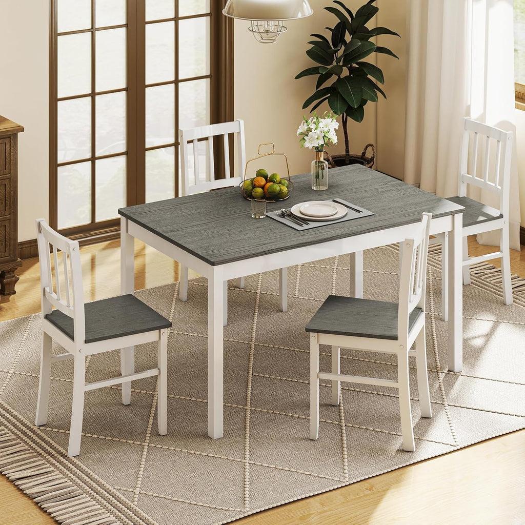 5-Piece Dining Table Set for 4, Solid Wood Farmhouse Rectangular Kitchen Table Set with 4 Chairs, Space-Saving Wooden Dinette Set for Small Space, Dining Room, Breakfast Nook, Grey & White