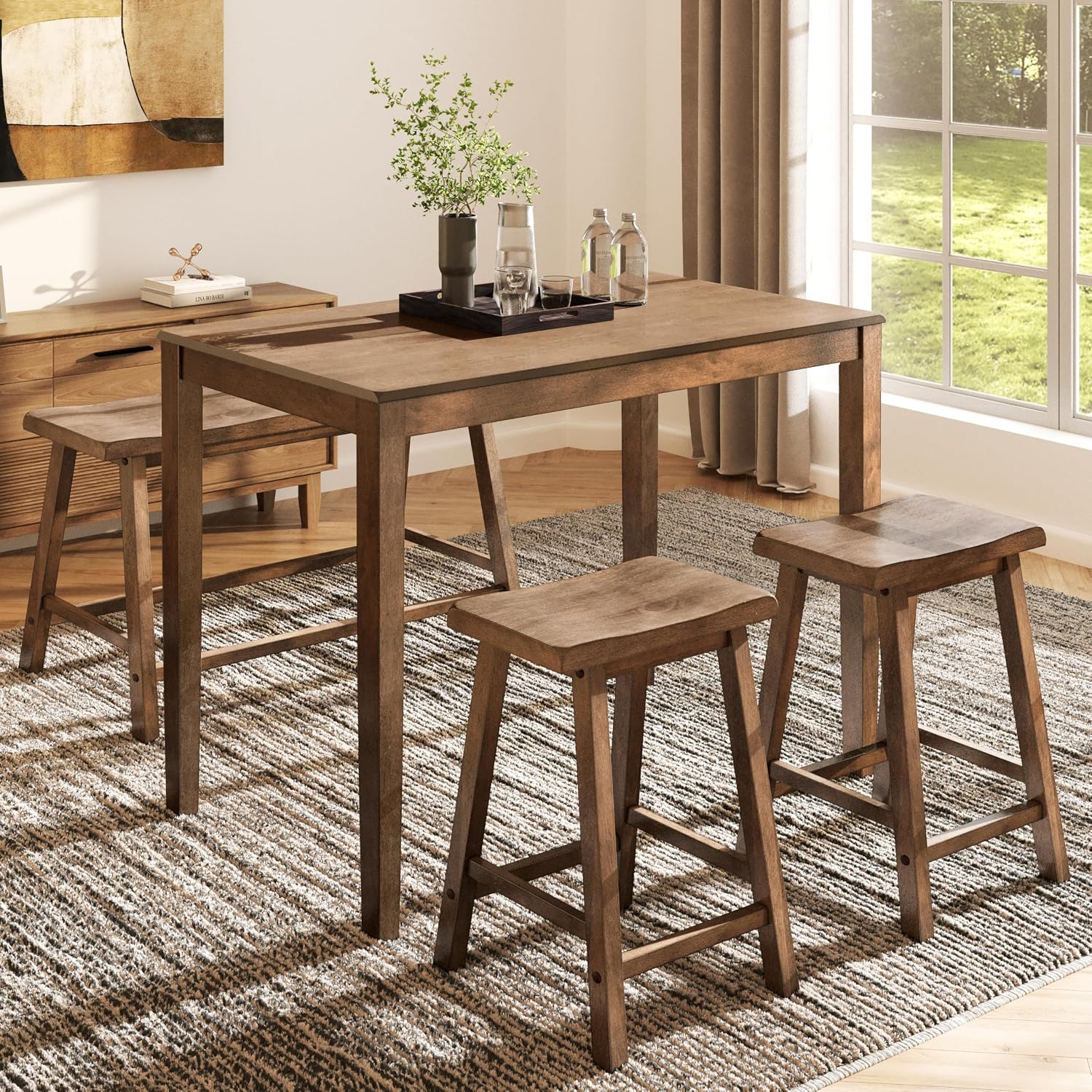 MFSTUDIO Dining Table Set for 4, Counter Height Table and Chairs, Kitchen Table Set with Bench, Breakfast Bar Table and Chairs Set Space Saving, Rustic Caramel