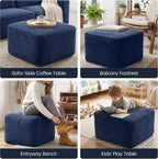 27.6" Floor Ottoman, Plush Corduroy Ottoman Foot Rest for Couch in a Box, Compressed Soft Foam Footrest No Assembly Require, Large Square Footstool for Living Room, Bedroom, Blue