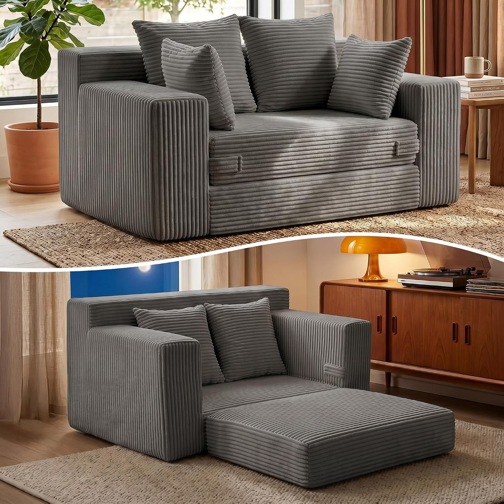 JUIKURY Floor Mini Couch 53 Inch, 3-in-1 Gray Couches Covertible Sofa Bed with 4 Pillows, Small Couches for Living Room, Bedroom, Small Space