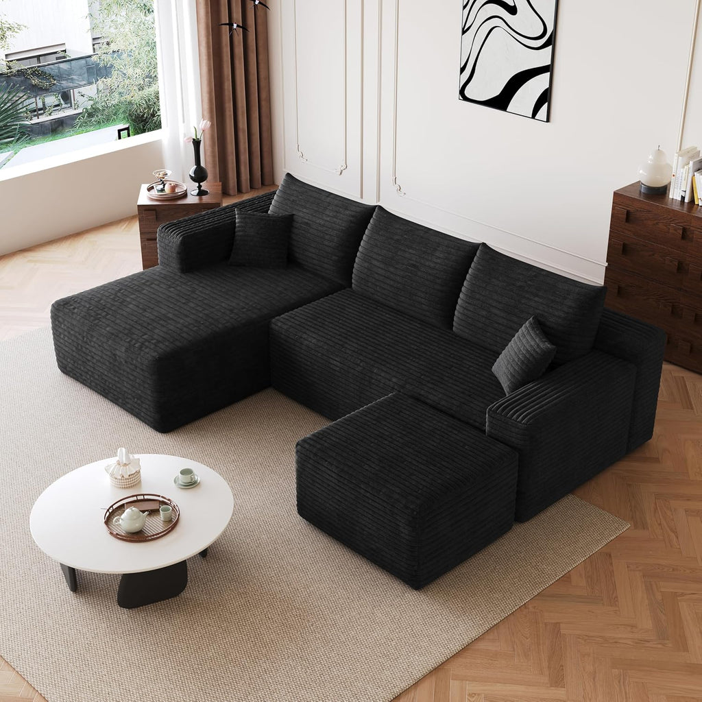 JINGLING 25.6 Inch Plush Corduroy Ottoman, Modular Sectional Foot Rest for Living Room, Upholstered Cloud Ottoman for Couch in a Box, Compressed Memory Foam, No Assembly Require, Black
