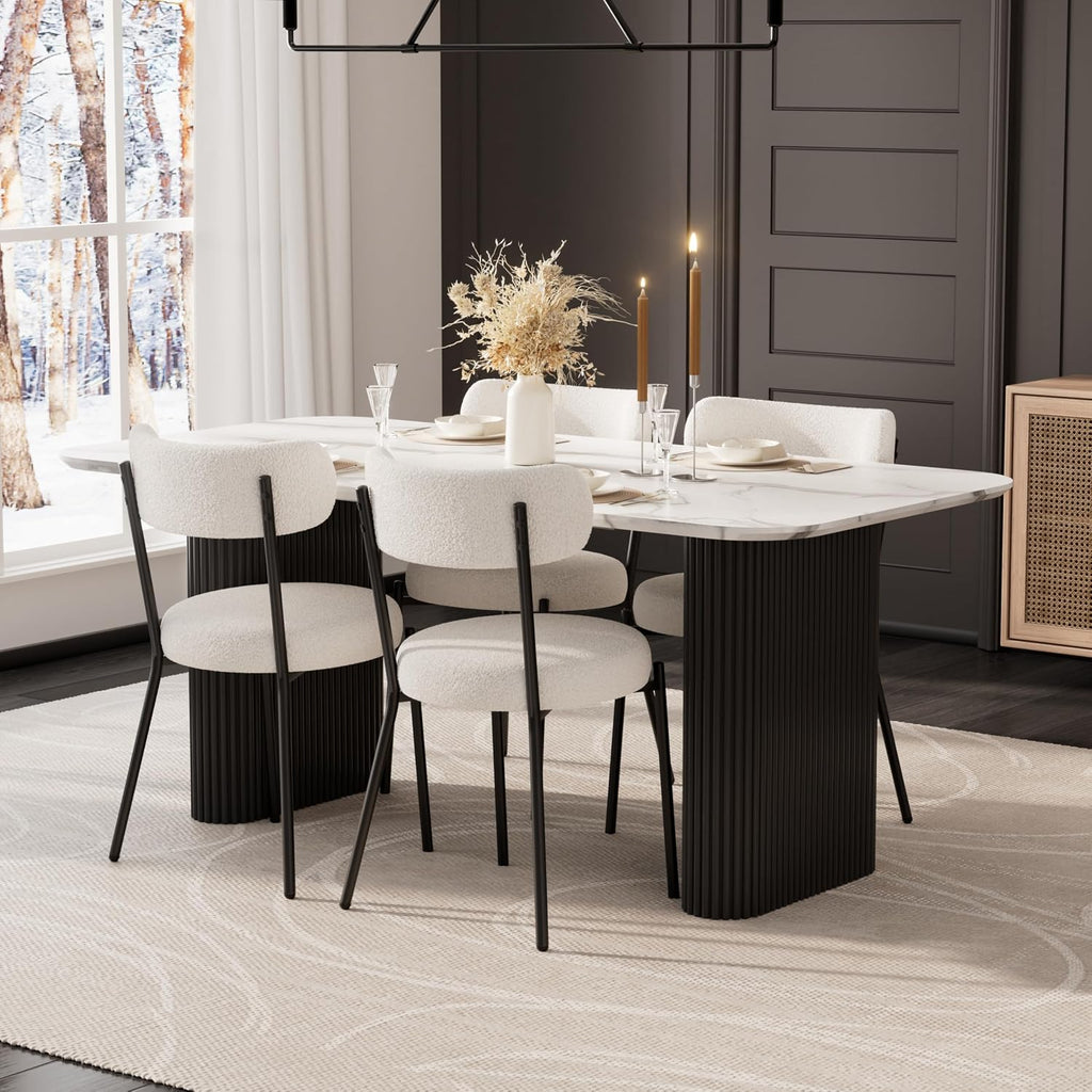 RGZ Modern Oval Dining Table Set for 4,71" Faux Marble Kitchen Table with Ripple Legs & 4 White Black Boucle Dining Chairs, Dinner Table and Chair for Dining Room, Home, Apartment