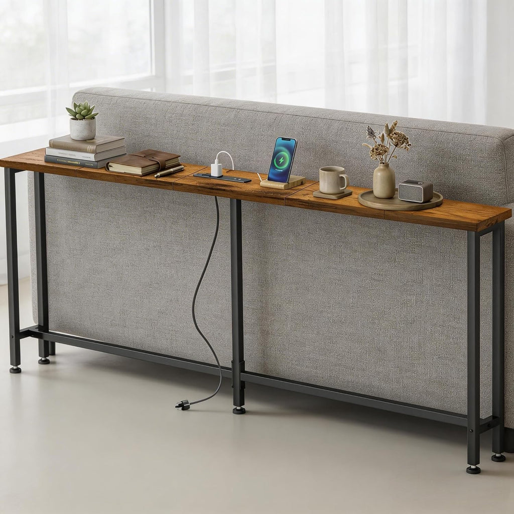 90" Narrow Sofa Table with Outlets (2 AC Outlets & 2 USB Ports), Behind Couch Table with Charging Station, Long Skinny Console Table for Living Room, Entryway and Hallway (Rustic Brown)