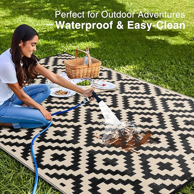 OLANLY Waterproof Outdoor Rug 10x14 ft, Outdoor Plastic Straw Rug for Camping, RV Mat Outside, Outdoor Carpet for Porch, Deck, Backyard, Balcony, Picnic, Black & Beige