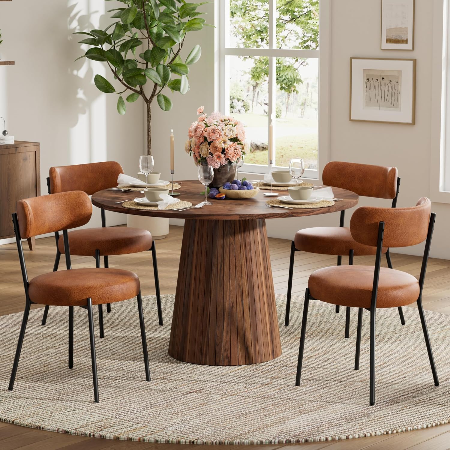 Dining Chairs Set of 4, Modern Round Faux Leather Dining Chairs, Curved Backrest Kitchen Dining Room Chairs, Mid-Century Brown Dining Chair with Black Metal Legs