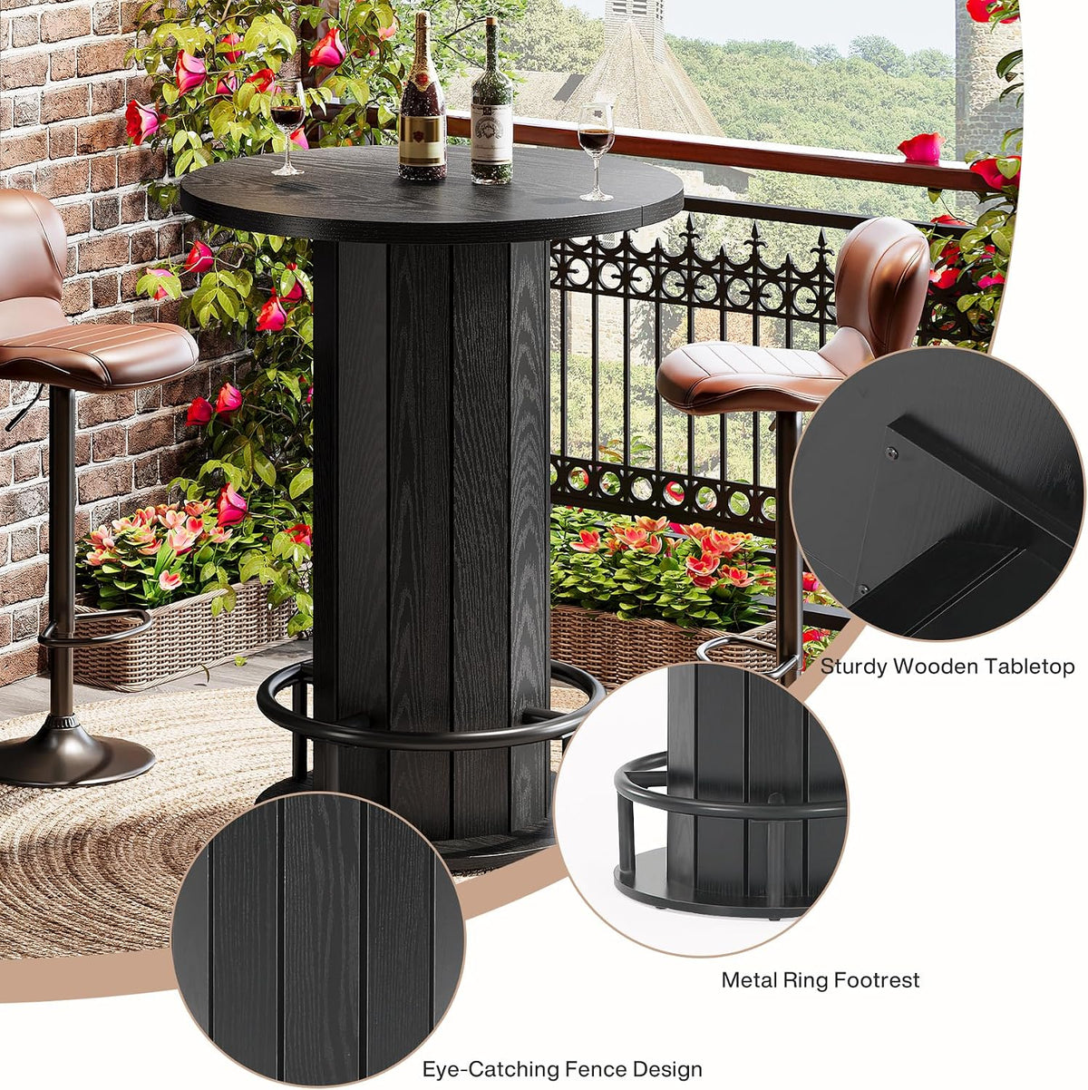 Tribesigns Round Bar Table, 39.4" H Wood Bistro Pub Table with Metal Ring Footrest for Dining Coffee Cocktail Living Room, Small Space, Black(Only Table)