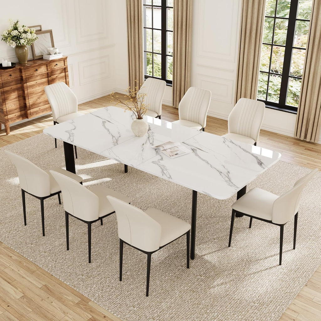 HIPIHOM Extendable Dining Table Set for 6-8 People, 63 to 78.7 Inch MDF Kitchen Table with 8 Faux Leather Dining Chairs, Space-Saving for Dining Room, Breakfast Nook (White Table & 8 White Chairs)