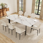 HIPIHOM Extendable Dining Table Set for 6-8 People, 63 to 78.7 Inch MDF Kitchen Table with 8 Faux Leather Dining Chairs, Space-Saving for Dining Room, Breakfast Nook (White Table & 8 White Chairs)